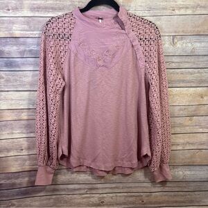 Free People Dusty Rose Pink top blouse shirt with buttons and embroidery Size S
